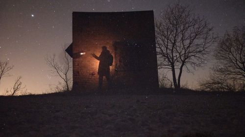 Silhouette man standing by bare tree against sky at night