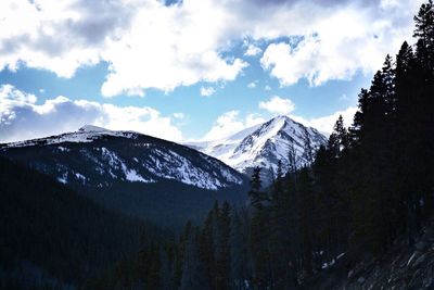 Scenic view of snow covered mountains against sky