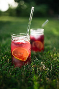 Close-up of drink on grass