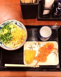 High angle view of meal served on table