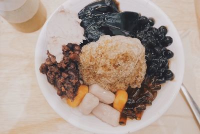 High angle view of dessert in plate on table