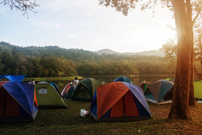 View of tents on field against lake and forest