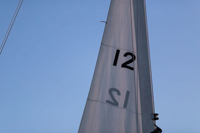 Low angle view of numbers on boat canvas against clear blue sky