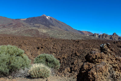 Scenic view of desert against clear blue sky