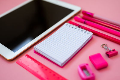 High angle view of mobile phone on table