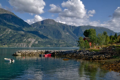 Scenic view of lake with mountains in background