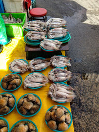 High angle view of food for sale in street market