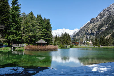 Scenic view of lake by trees against clear sky