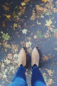 Low section of man standing on autumn leaves