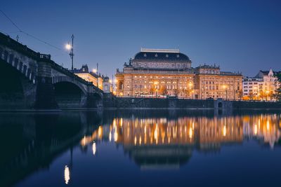 City reflection in vltava river. embankment with national theater at twilight in prague.