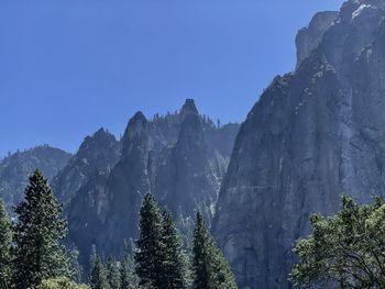 Low angle view of trees and mountains against clear sky
