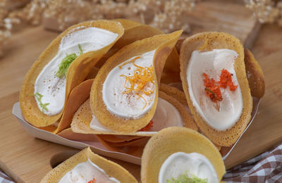 High angle view of dessert on table
