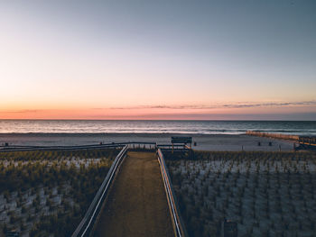 Scenic view of sea against clear sky during sunset from above. aerial view.