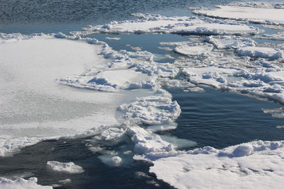 High angle view of frozen sea shore