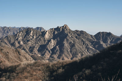 Panoramic view of mountain range against clear sky