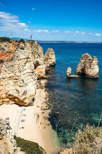 Panoramic view of rocks on shore against sky