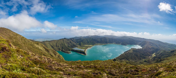 Panoramic view of volcanic landscape against sky