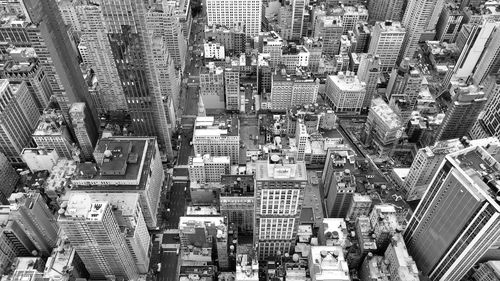 High angle view of modern buildings in city