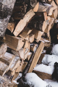 Stack of logs in winter