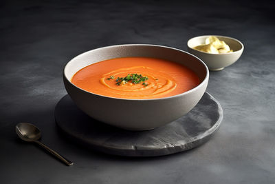 High angle view of soup in bowl on table