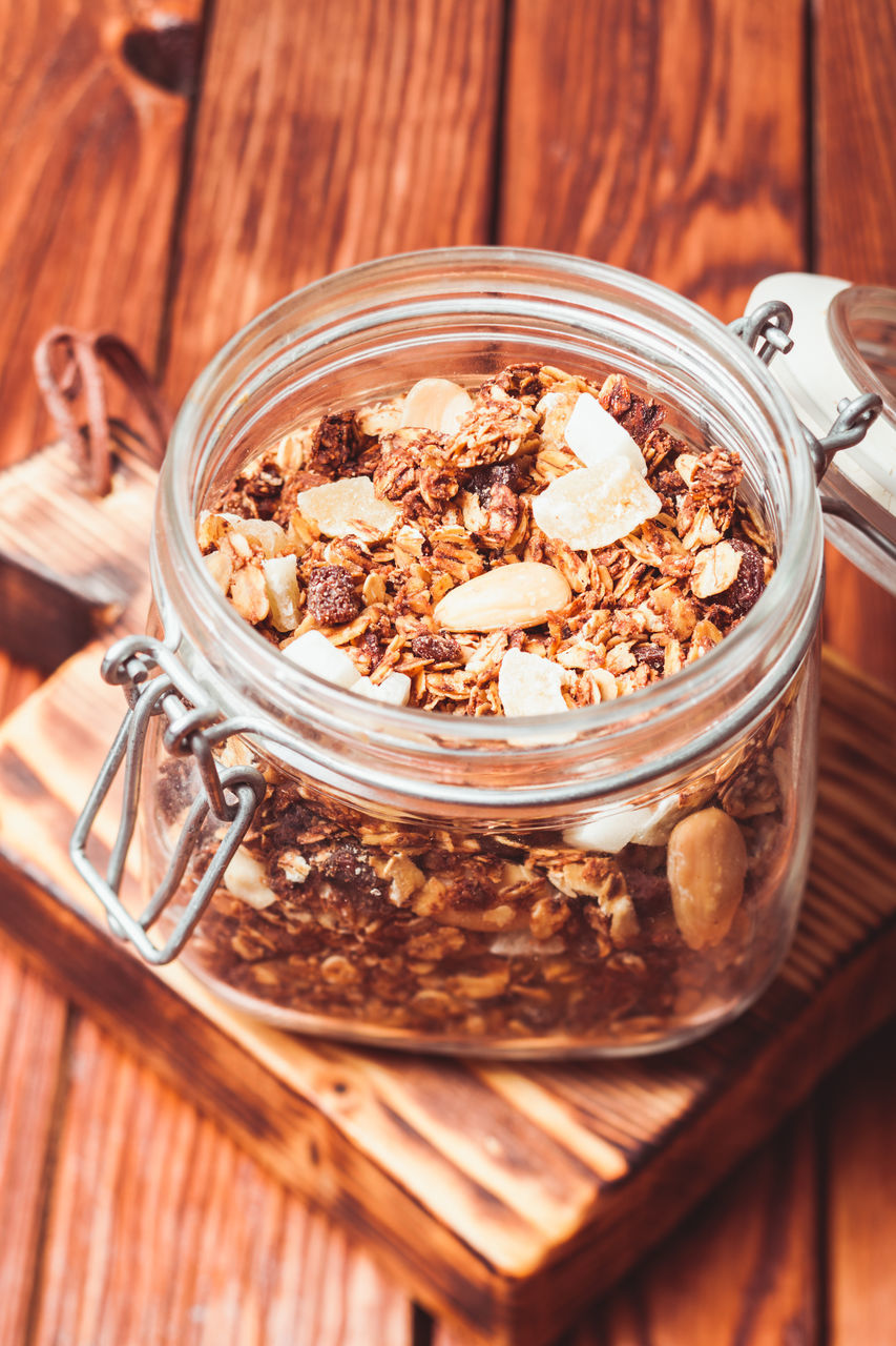 CLOSE-UP OF BREAKFAST SERVED IN GLASS