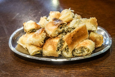 High angle view of food in plate on table