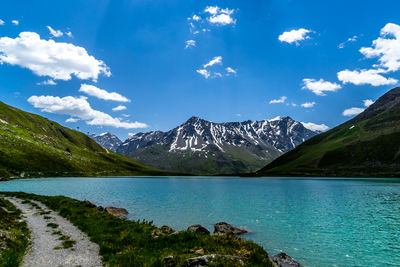 Scenic view of lake by mountains against sky