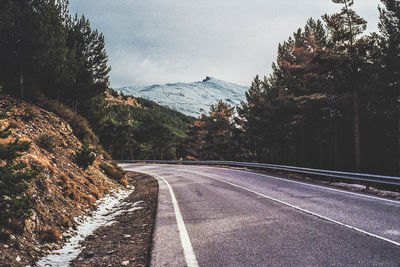 Empty road by trees against sky