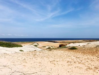 Scenic view of beach against blue sky