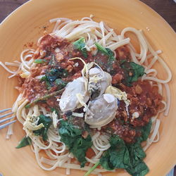 High angle view of various food on table