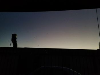 Silhouette woman standing by window against clear sky at sunset