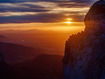 Scenic view of silhouette mountain against sky during sunset