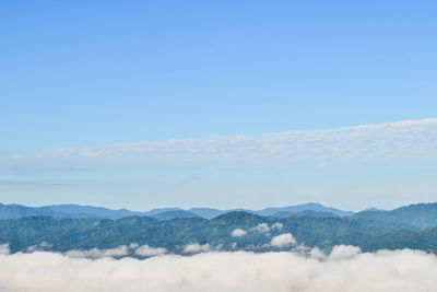 Scenic view of mountains against clear blue sky