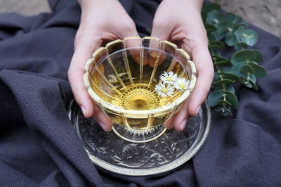 A cup of tea with chamomile flowers in hand on dark purple cotton background