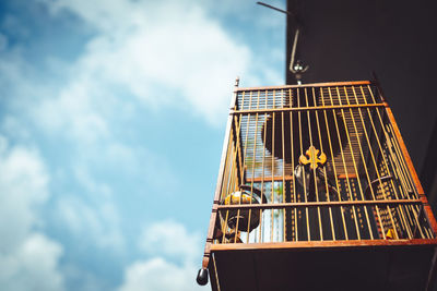 Low angle view of bird in case building against sky