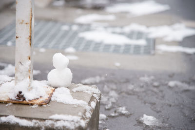 Close-up of snowman on concrete