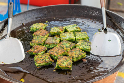 High angle view of meat in container