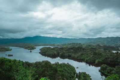 Scenic view of lake and trees against sky