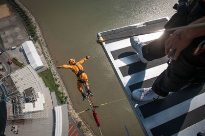 High angle view of people in boat