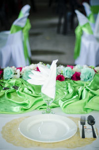 Close-up of cake served on table