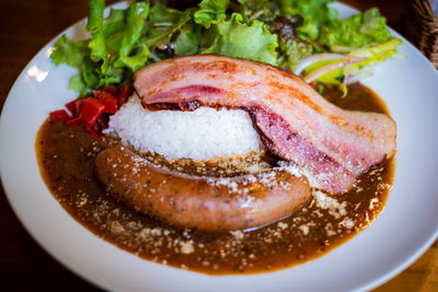 High angle view of breakfast served on table