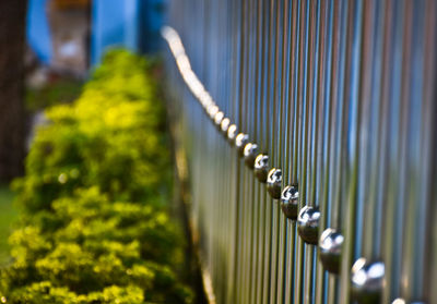 Close-up of metal fence at night