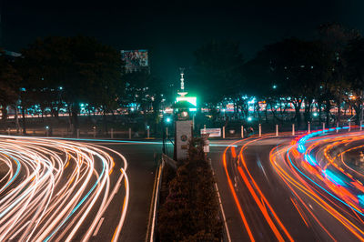 Light trails on road at night