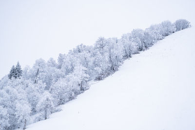 Snow covered landscape against clear sky