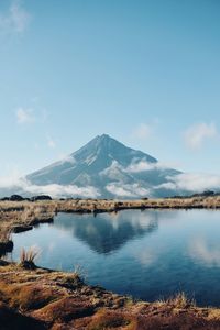 Scenic view of lake and mountains against sky
