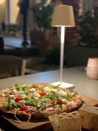 High angle view of food served on table in restaurant