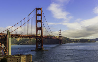 Golden gate bridge over bay against cloudy sky