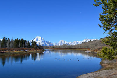 Scenic view of lake against clear blue sky