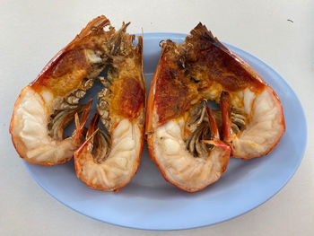 High angle view of seafood in plate on table