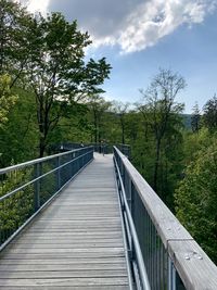 Footbridge amidst plants and trees against sky